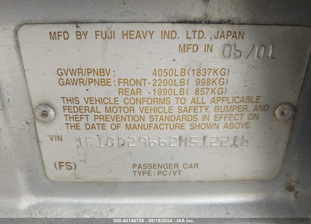 2002 SUBARU IMPREZA WRX VIN: JF1GD29662H512216