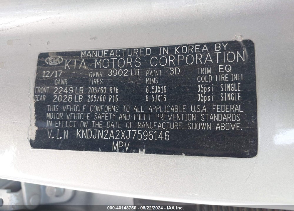 2018 KIA SOUL VIN: KNDJN2A2XJ7596146
