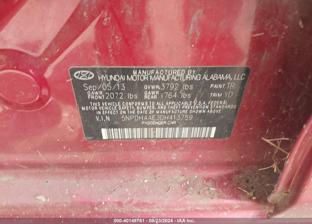 2013 HYUNDAI ELANTRA GLS VIN: 5NPDH4AE3DH413759