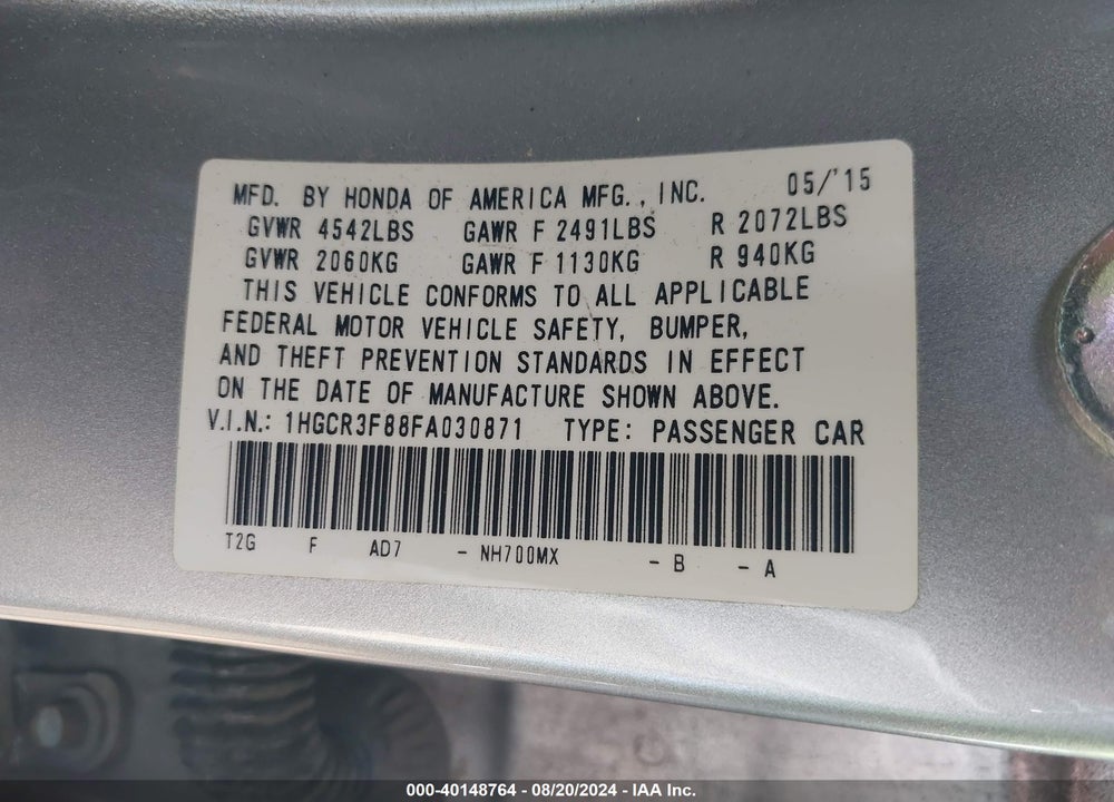 2015 HONDA ACCORD EX-L V-6 VIN: 1HGCR3F88FA030871