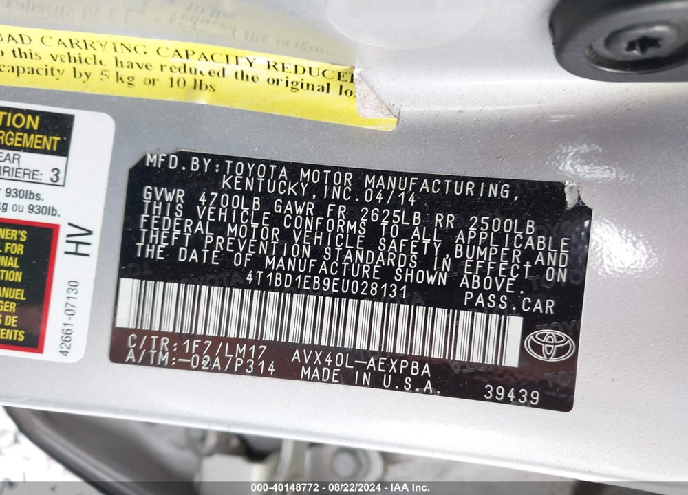 2014 TOYOTA AVALON HYBRID LIMITED VIN: 4T1BD1EB9EU028131