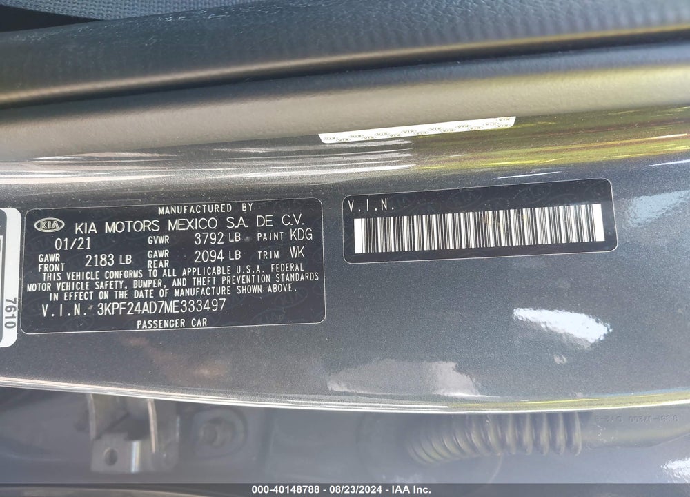 2021 KIA FORTE LXS VIN: 3KPF24AD7ME333497