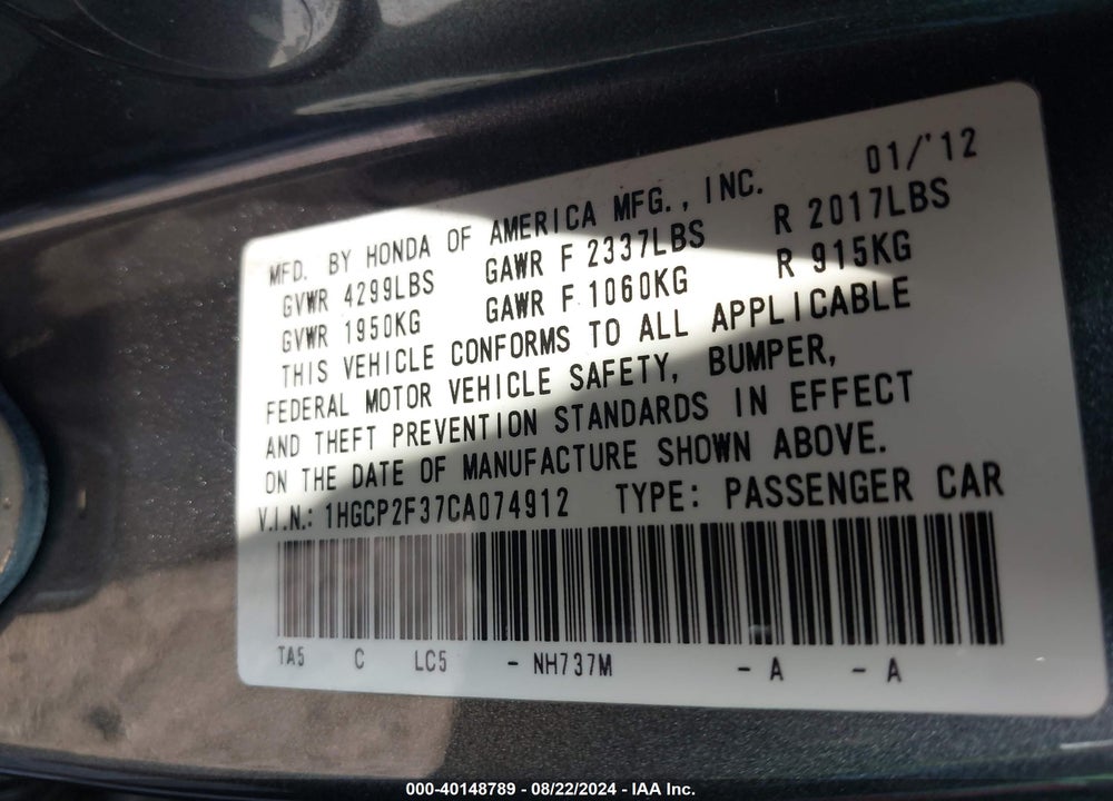 2012 HONDA ACCORD 2.4 LX VIN: 1HGCP2F37CA074912