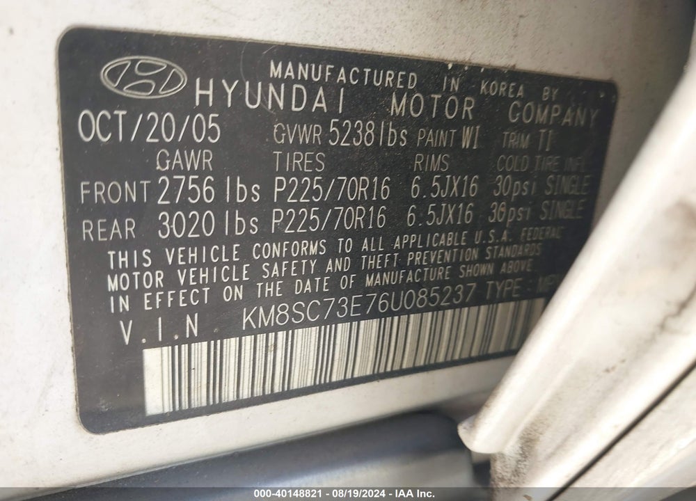 2006 HYUNDAI SANTA FE GLS/LIMITED VIN: KM8SC73E76U085237