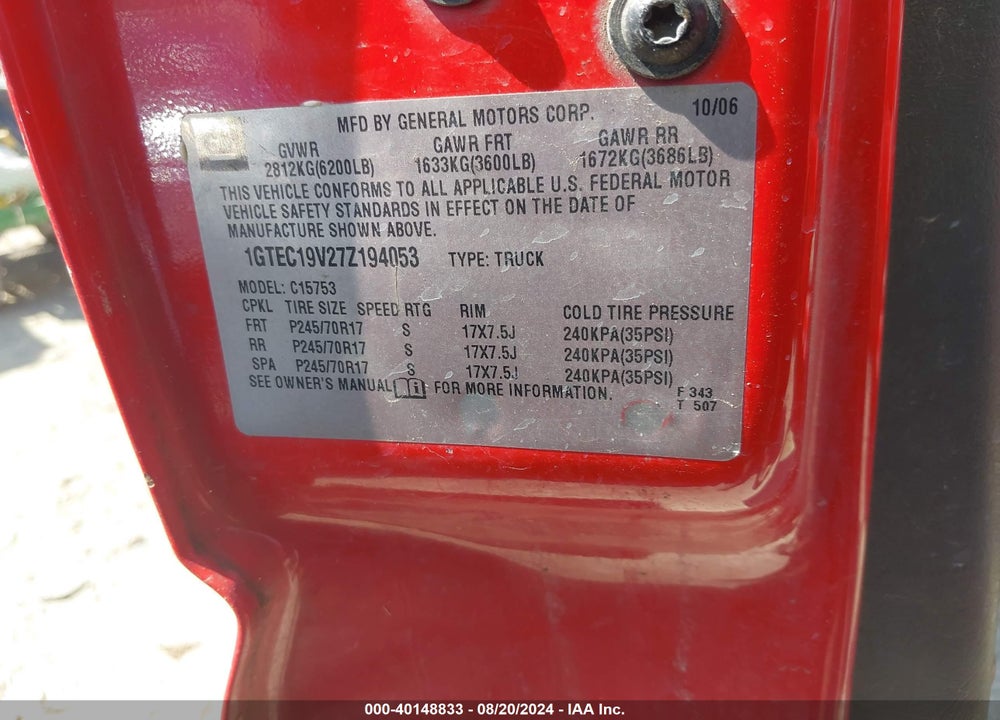 2007 GMC SIERRA 1500 CLASSIC WORK TRUCK VIN: 1GTEC19V27Z194053