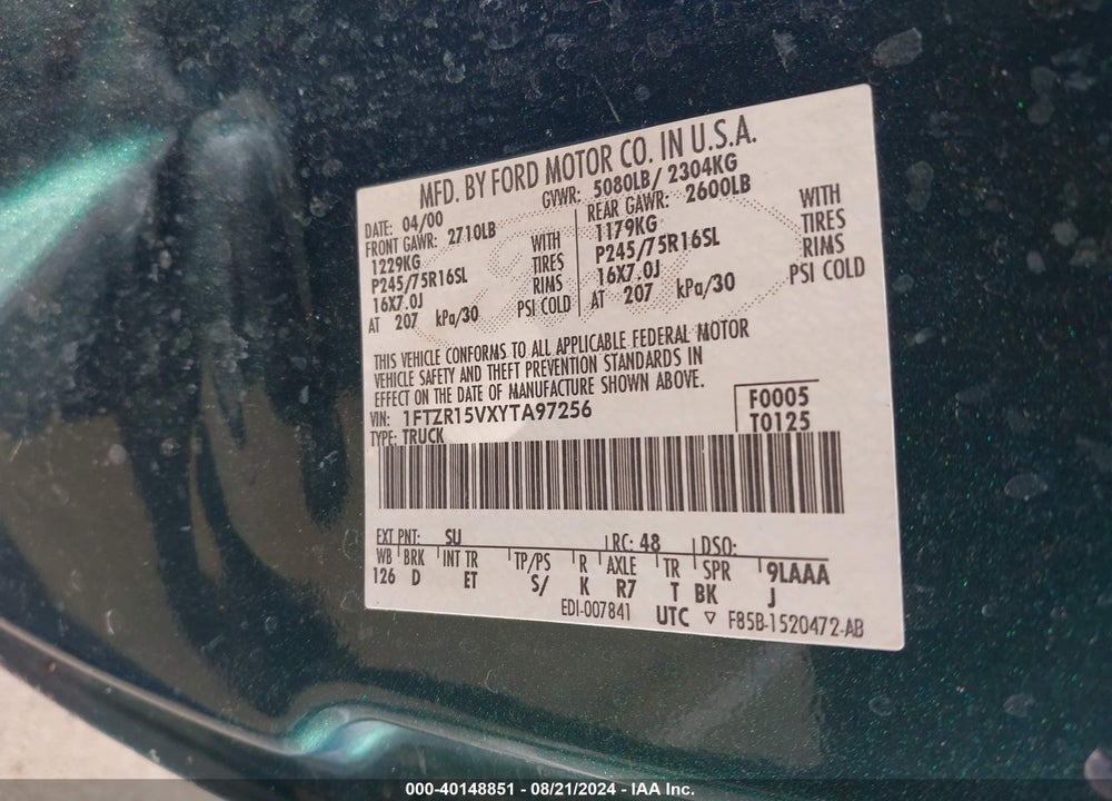 2000 FORD RANGER XL/XLT VIN: 1FTZR15VXYTA97256