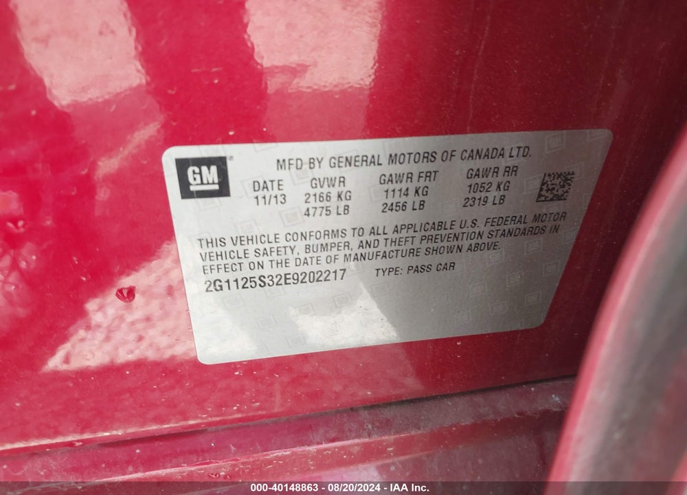 2014 CHEVROLET IMPALA 2LT VIN: 2G1125S32E9202217