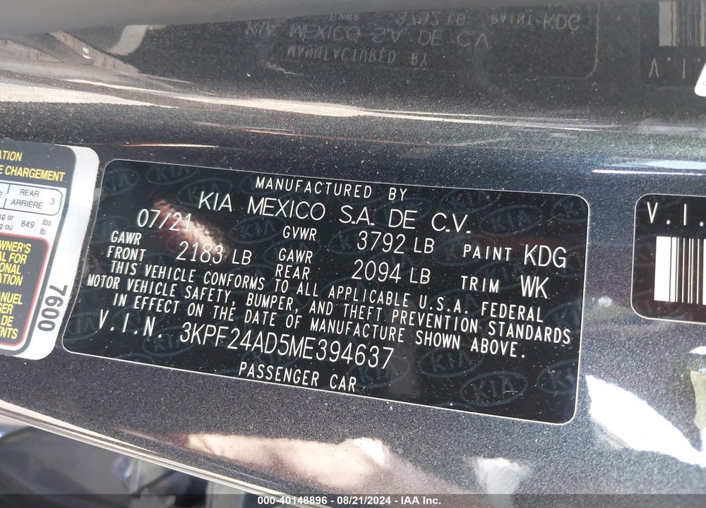 2021 KIA FORTE FE VIN: 3KPF24AD5ME394637