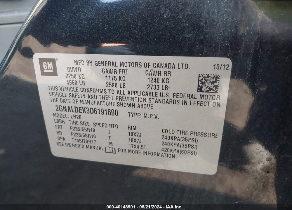 2013 CHEVROLET EQUINOX VIN: 2GNALDEK3D6191690