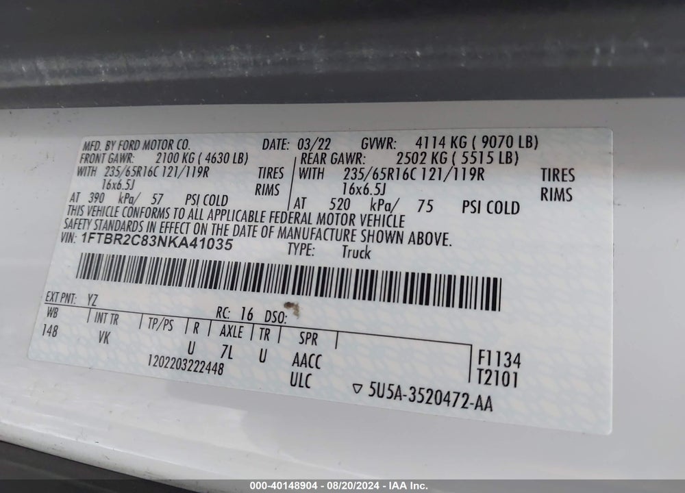 2022 FORD TRANSIT-250 VIN: 1FTBR2C83NKA41035