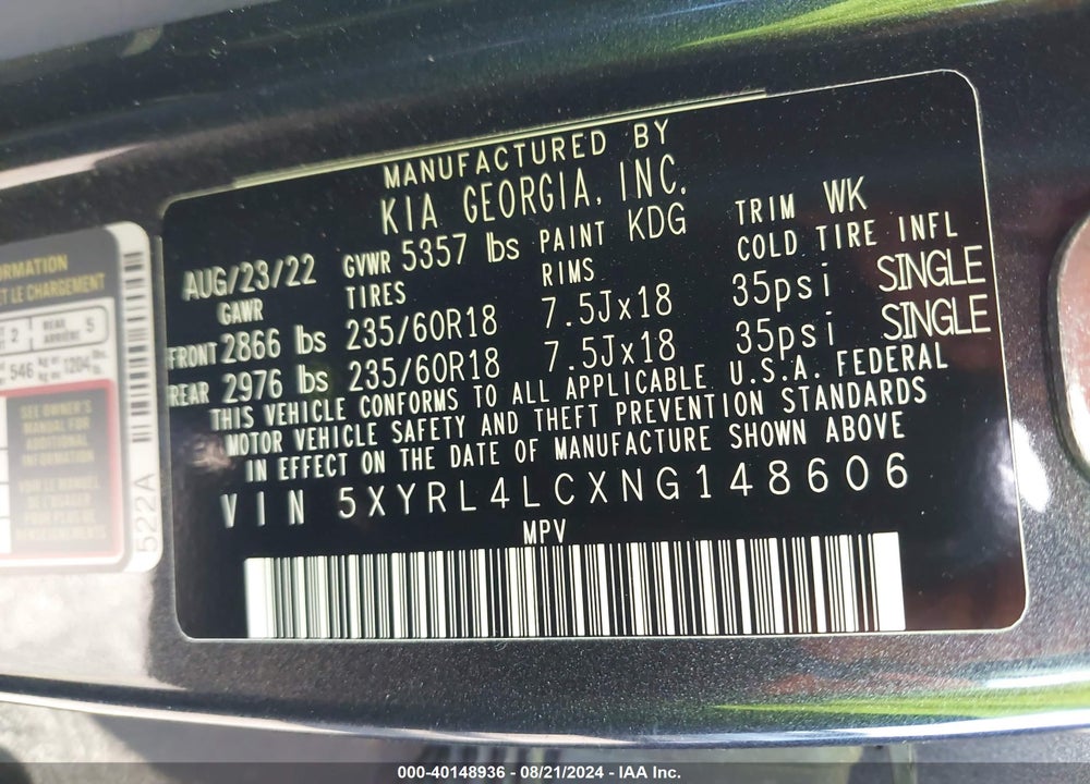 2022 KIA SORENTO S VIN: 5XYRL4LCXNG148606
