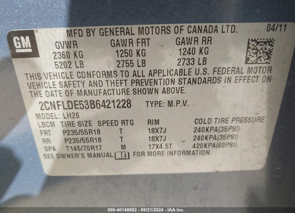 2011 CHEVROLET EQUINOX 1LT VIN: 2CNFLDE53B6421228