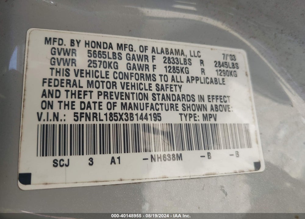 2003 HONDA ODYSSEY LX VIN: 5FNRL185X3B144195