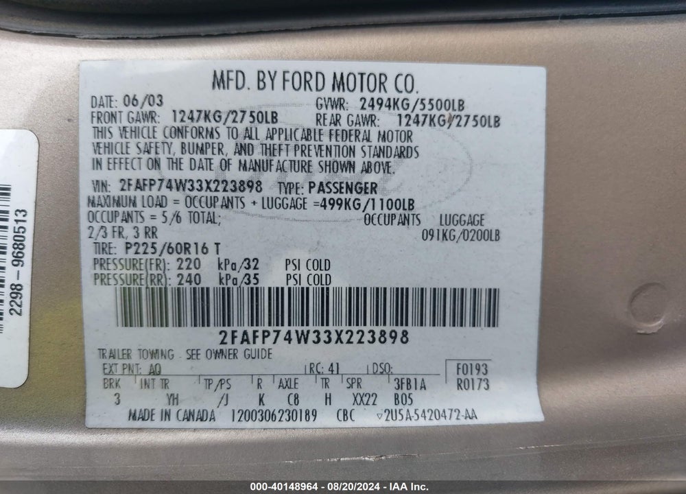 2003 FORD CROWN VICTORIA LX VIN: 2FAFP74W33X223898