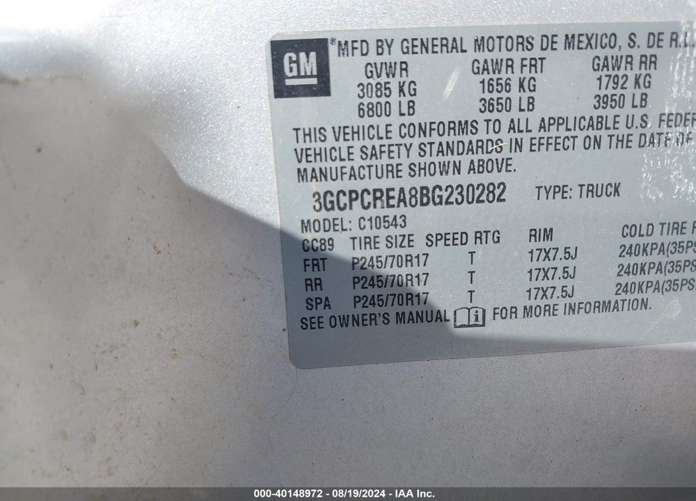 2011 CHEVROLET SILVERADO 1500 VIN: 3GCPCREA8BG230282