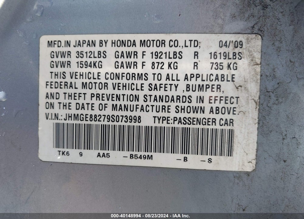 2009 HONDA FIT VIN: JHMGE88279S073998