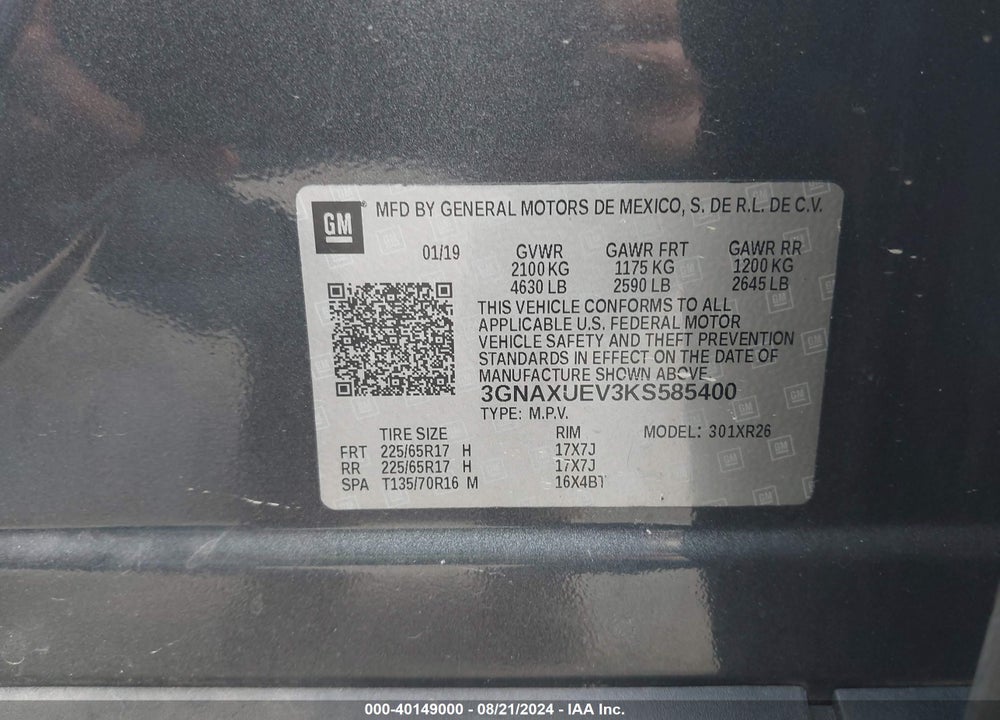 2019 CHEVROLET EQUINOX LT VIN: 3GNAXUEV3KS585400