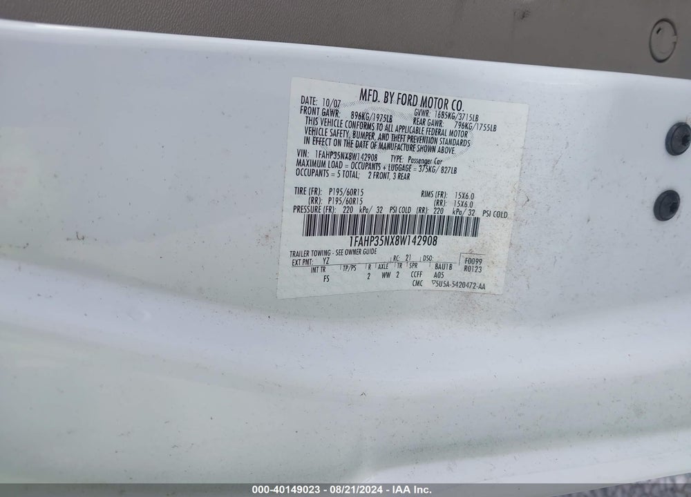 2008 FORD FOCUS SE/SES VIN: 1FAHP35NX8W142908