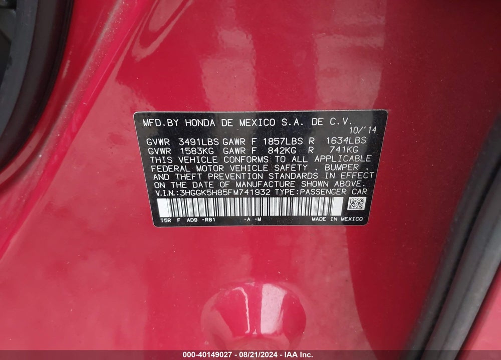 2015 HONDA FIT EX/EX-L VIN: 3HGGK5H85FM741932