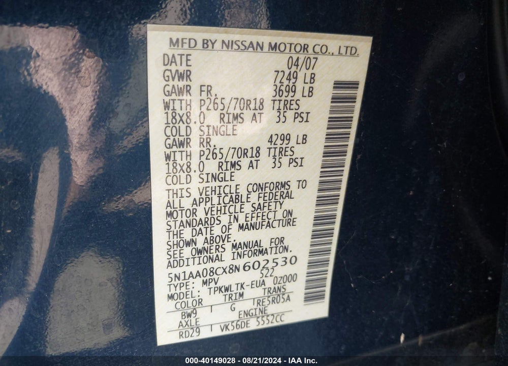 2008 NISSAN ARMADA SE VIN: 5N1AA08CX8N602530