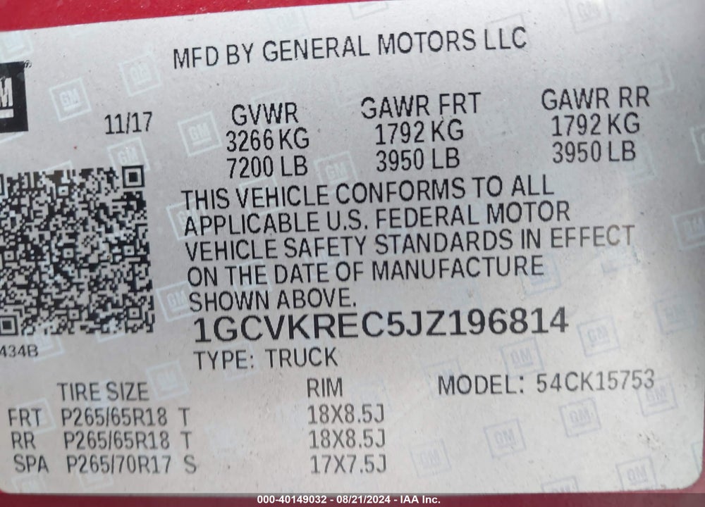 2018 CHEVROLET SILVERADO 1500 1LT VIN: 1GCVKREC5JZ196814