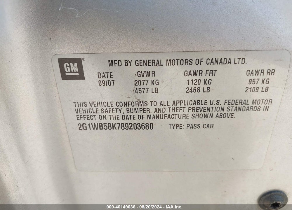 2008 CHEVROLET IMPALA LS VIN: 2G1WB58K789203680