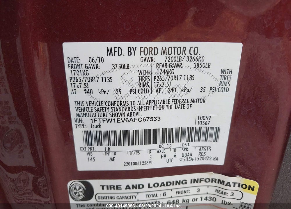 2010 FORD F-150 FX4/HARLEY-DAVIDSON/KING RANCH/LARIAT/PLATINUM/XL/XLT VIN: 1FTFW1EV6AFC67533