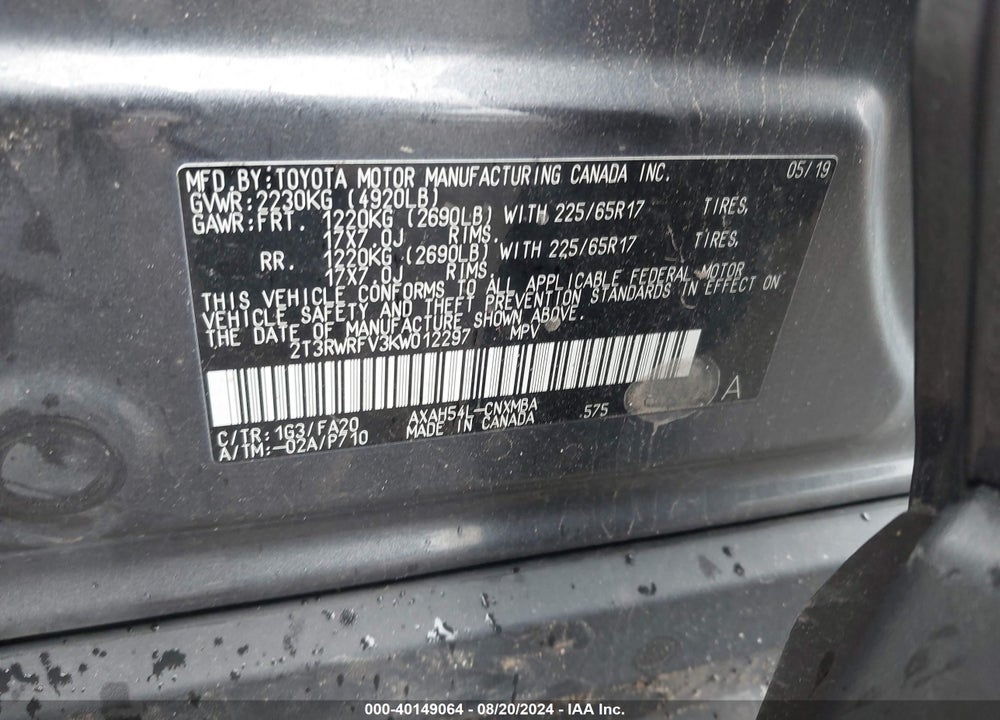 2019 TOYOTA RAV4 HYBRID XLE VIN: 2T3RWRFV3KW012297