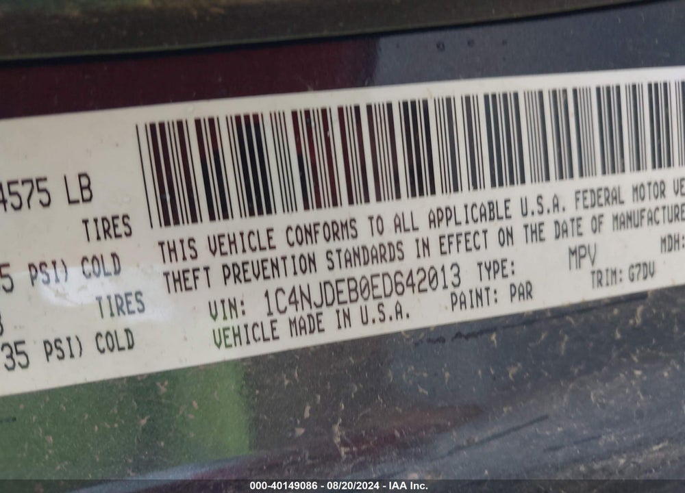 2014 JEEP COMPASS LATITUDE VIN: 1C4NJDEB0ED642013
