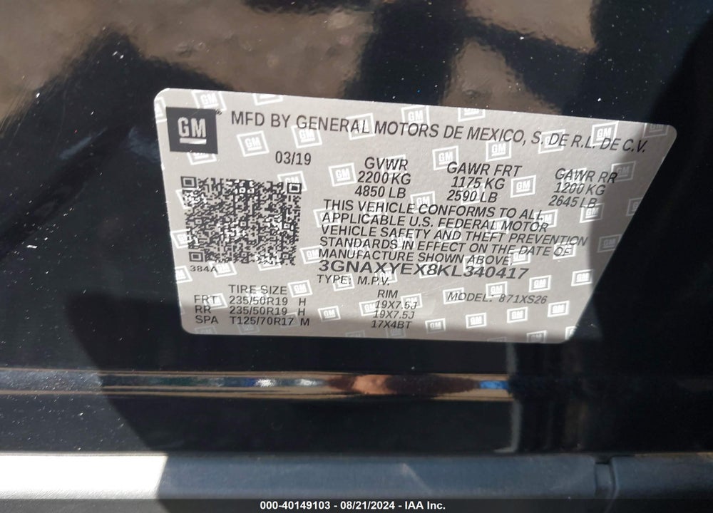 2019 CHEVROLET EQUINOX PREMIER VIN: 3GNAXYEX8KL340417