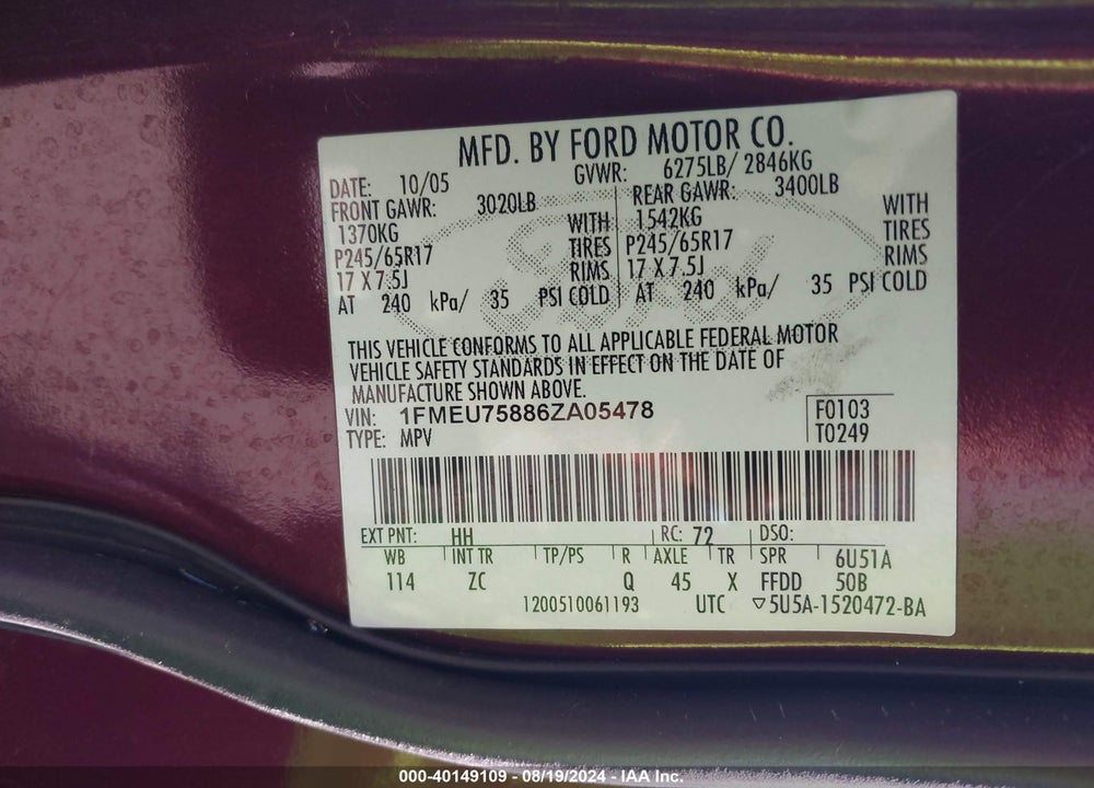 2006 FORD EXPLORER LIMITED VIN: 1FMEU75886ZA05478