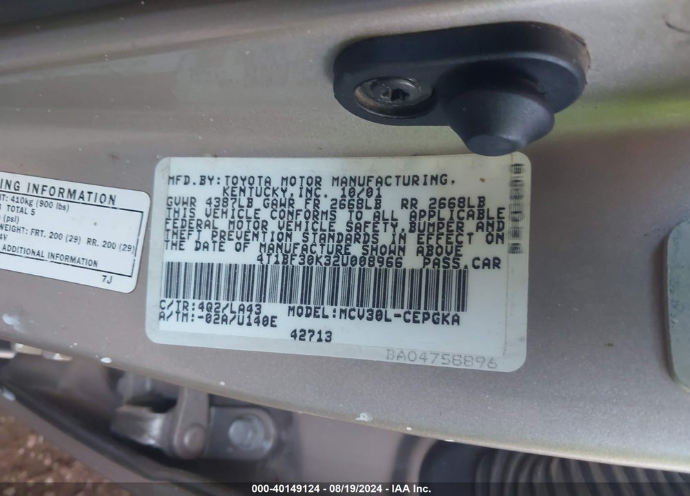 2002 TOYOTA CAMRY XLE V6 VIN: 4T1BF30K32U008966
