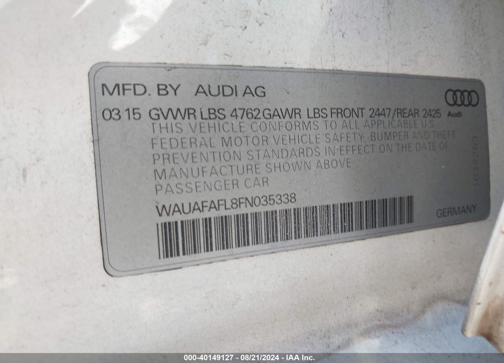 2015 AUDI A4 2.0T PREMIUM VIN: WAUAFAFL8FN035338