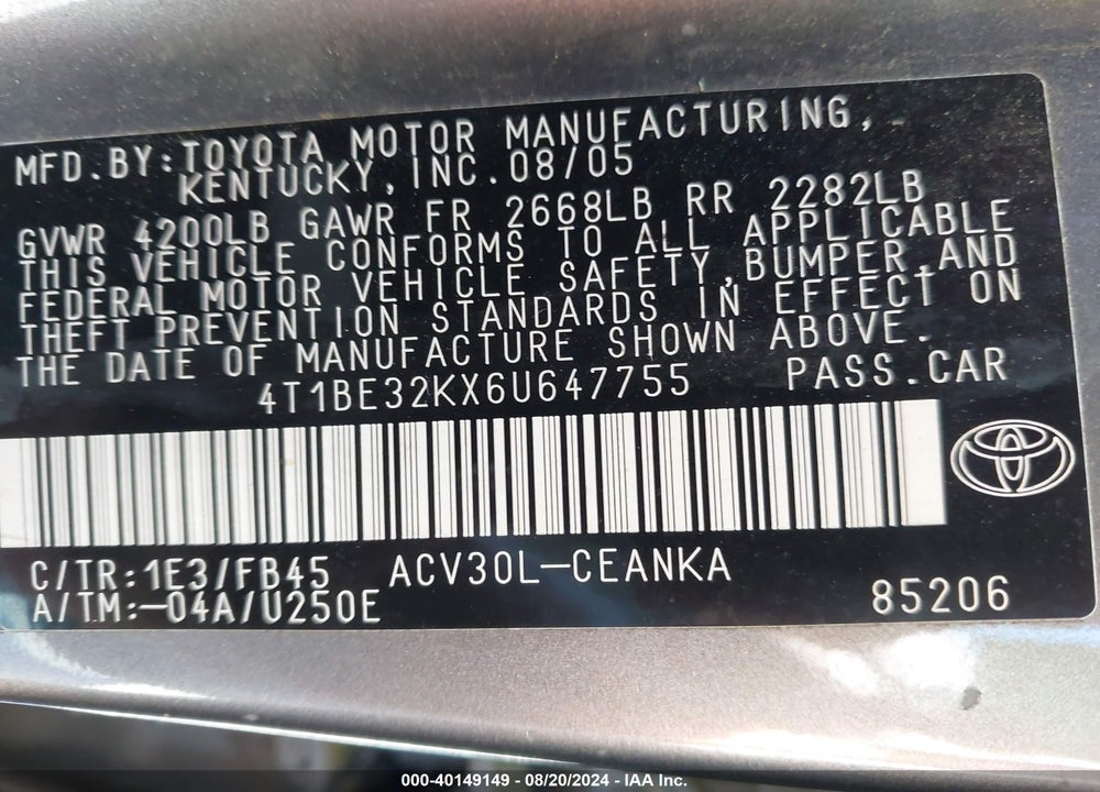 2006 TOYOTA CAMRY VIN: 4T1BE32KX6U647755