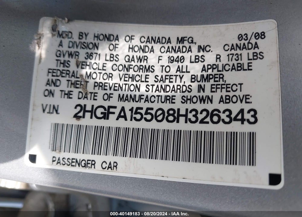 2008 HONDA CIVIC LX VIN: 2HGFA15508H326343
