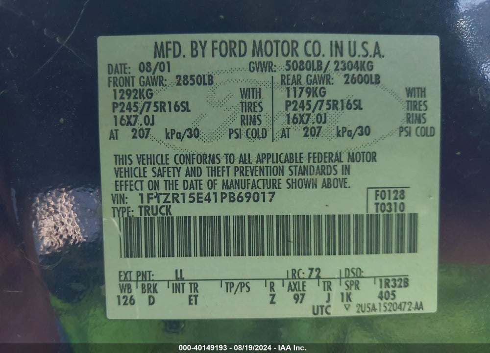 2001 FORD RANGER EDGE/XLT VIN: 1FTZR15E41PB69017