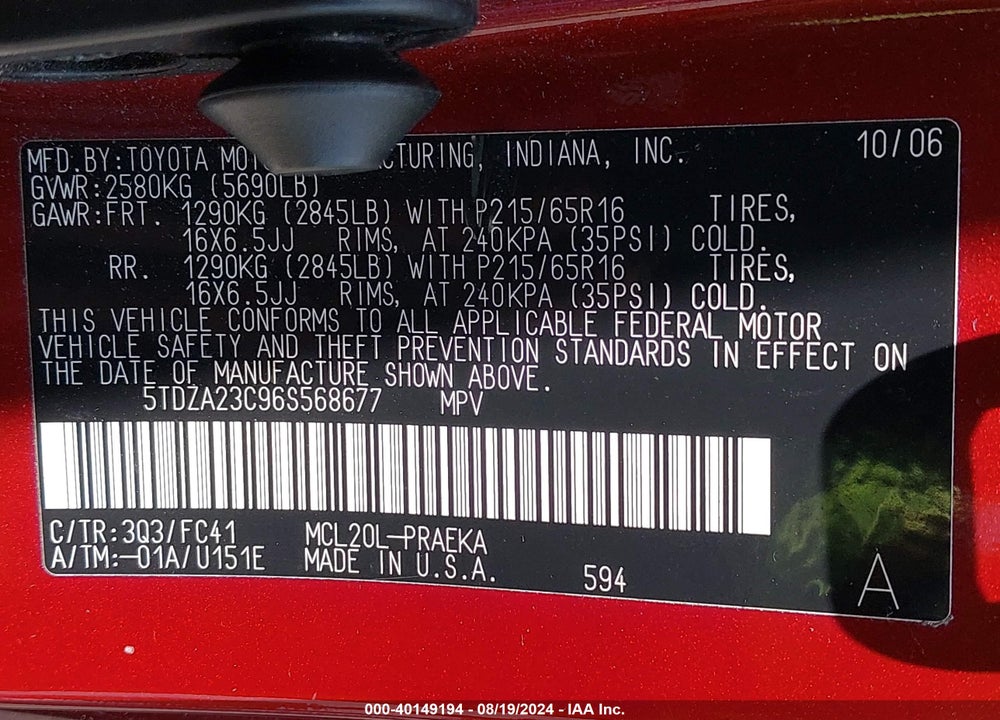 2006 TOYOTA SIENNA LE VIN: 5TDZA23C96S568677