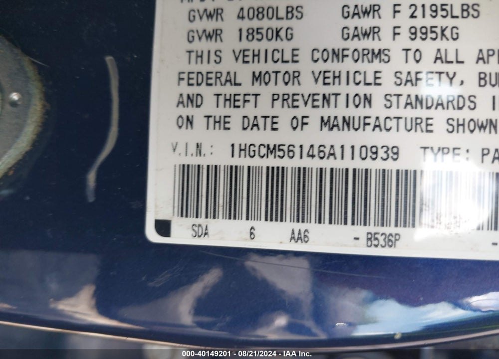 2006 HONDA ACCORD 2.4 VP VIN: 1HGCM56146A110939