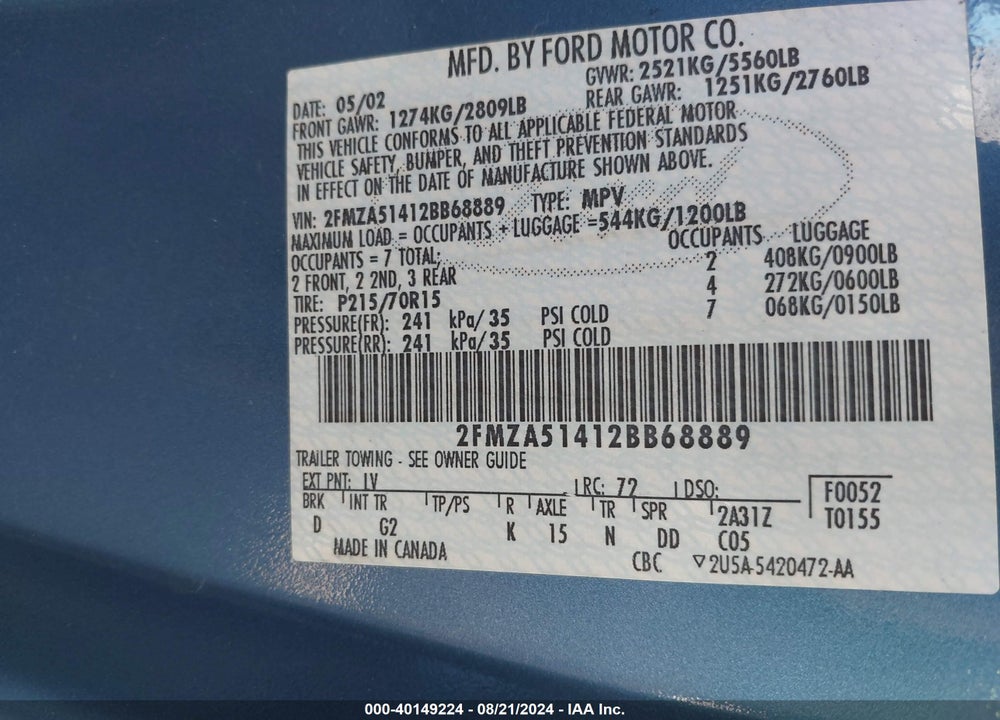 2002 FORD WINDSTAR LX VIN: 2FMZA51412BB68889
