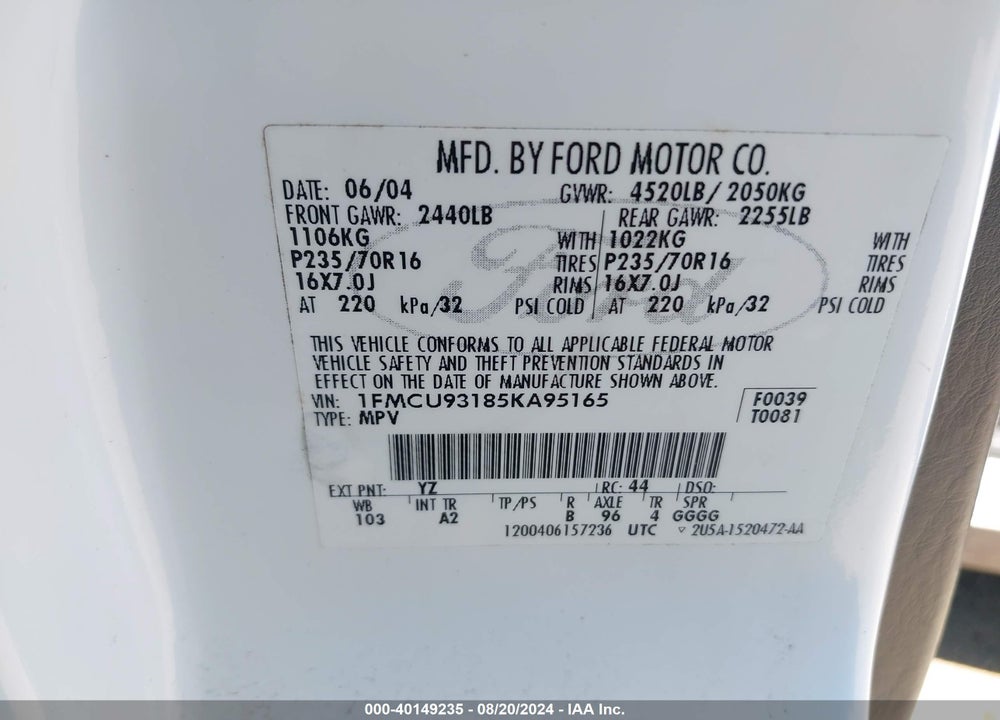 2005 FORD ESCAPE XLT VIN: 1FMCU93185KA95165