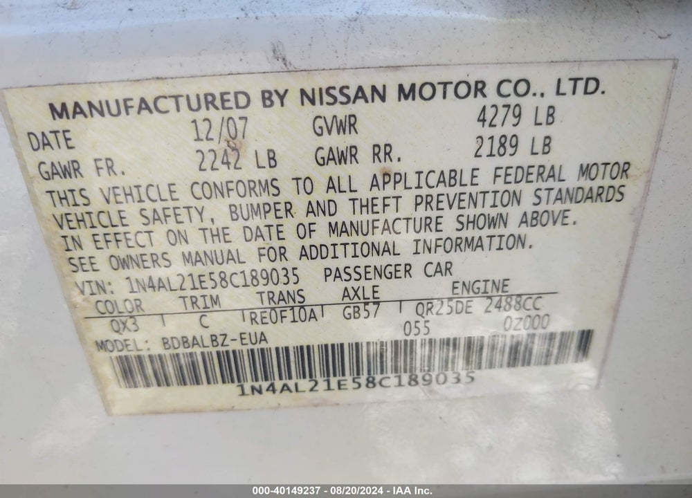 2008 NISSAN ALTIMA 2.5 S VIN: 1N4AL21E58C189035