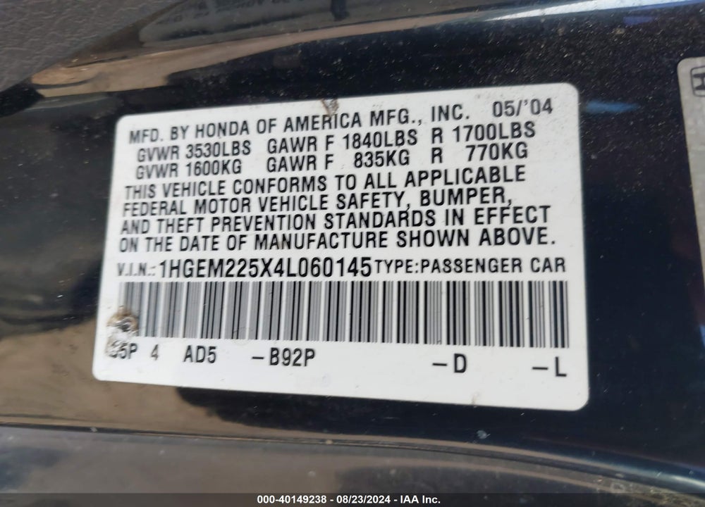 2004 HONDA CIVIC LX VIN: 1HGEM225X4L060145