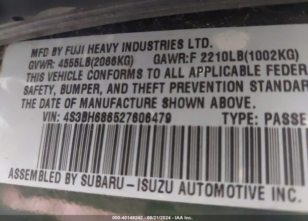 2002 SUBARU OUTBACK LIMITED VIN: 4S3BH686527606479