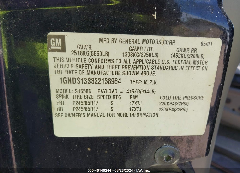 2002 CHEVROLET TRAILBLAZER LTZ VIN: 1GNDS13S822138964