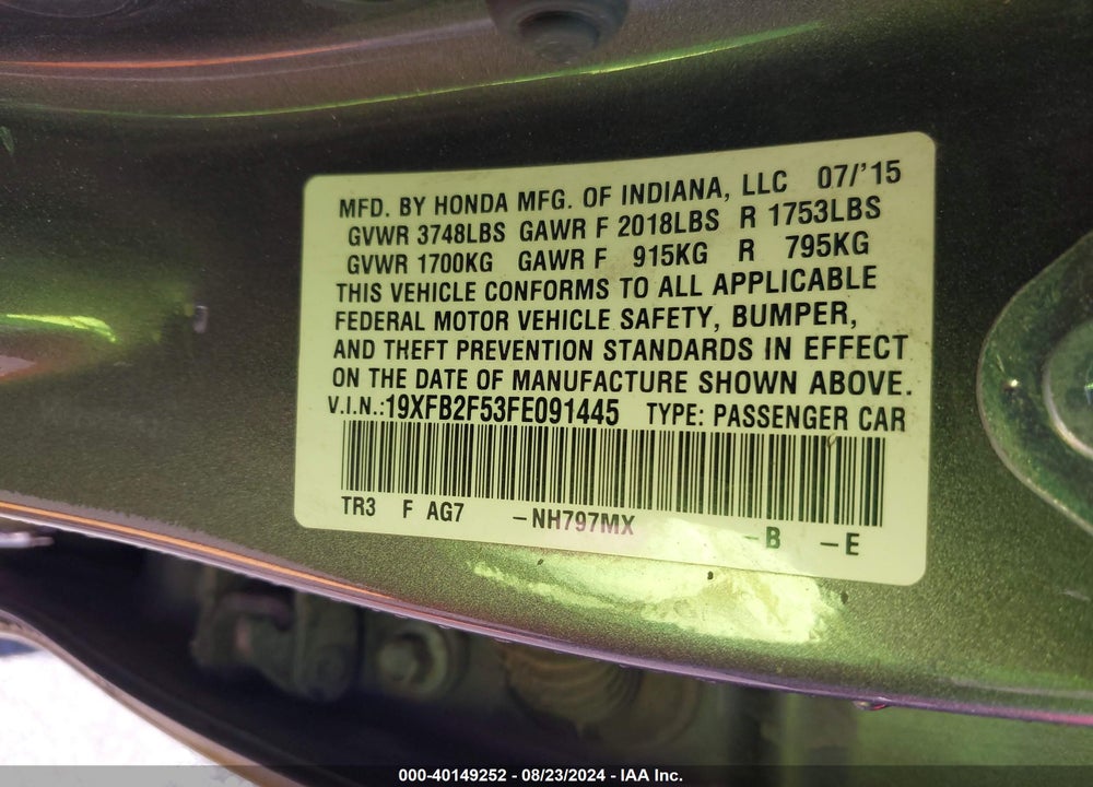2015 HONDA CIVIC LX VIN: 19XFB2F53FE091445