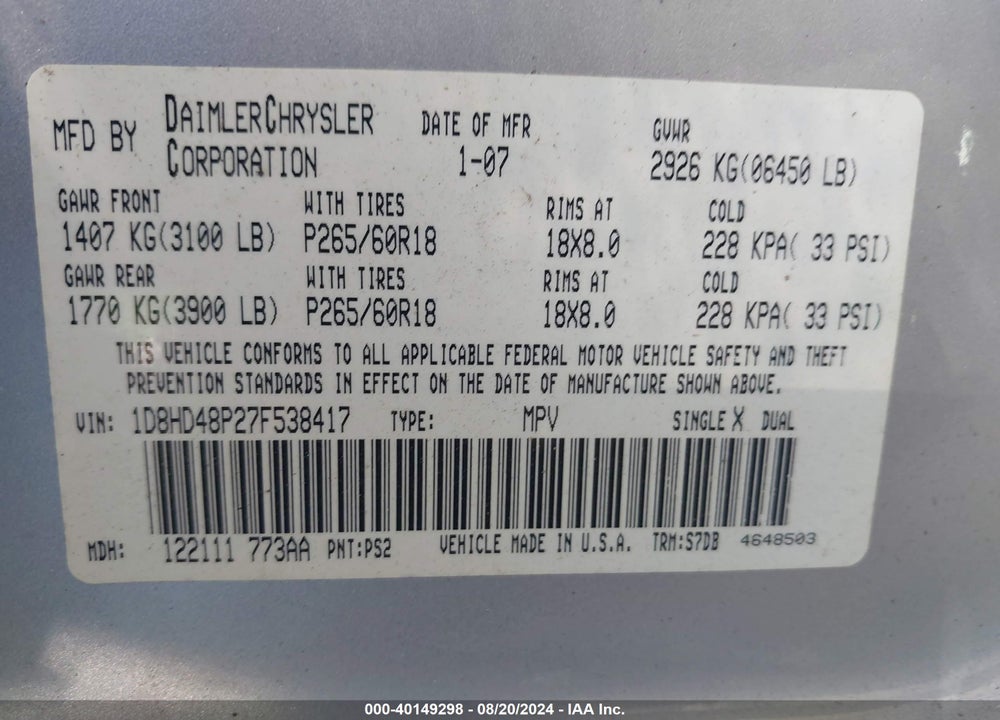 2007 DODGE DURANGO VIN: 1D8HD48P27F538417