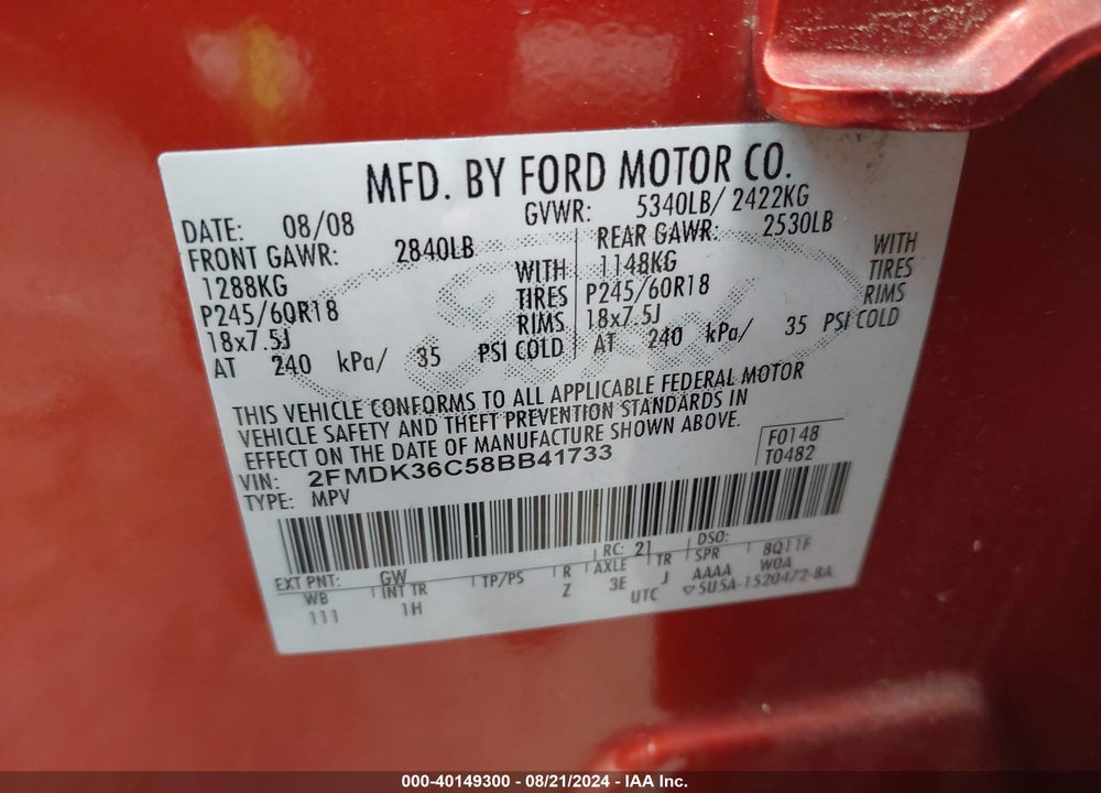 2008 FORD EDGE SE VIN: 2FMDK36C58BB41733