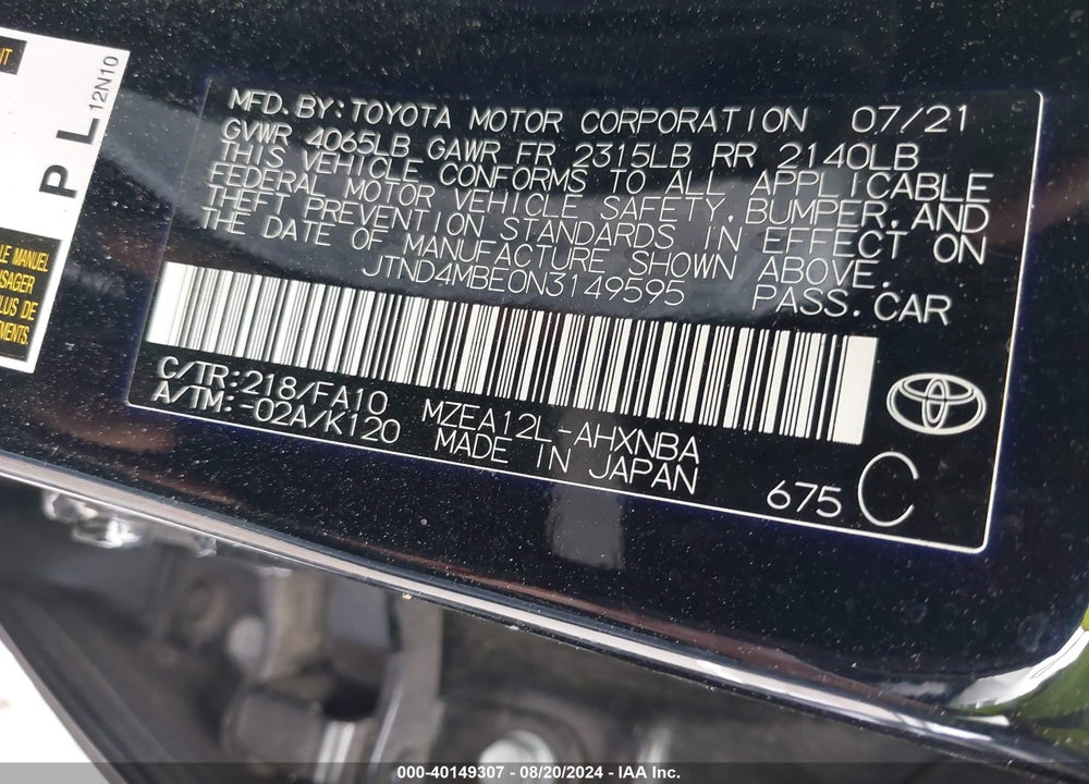 2022 TOYOTA COROLLA SE VIN: JTND4MBE0N3149595