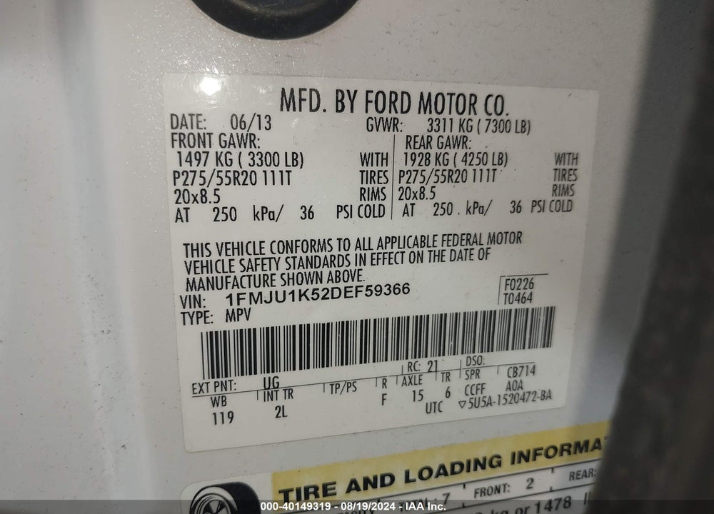 2013 FORD EXPEDITION LIMITED VIN: 1FMJU1K52DEF59366
