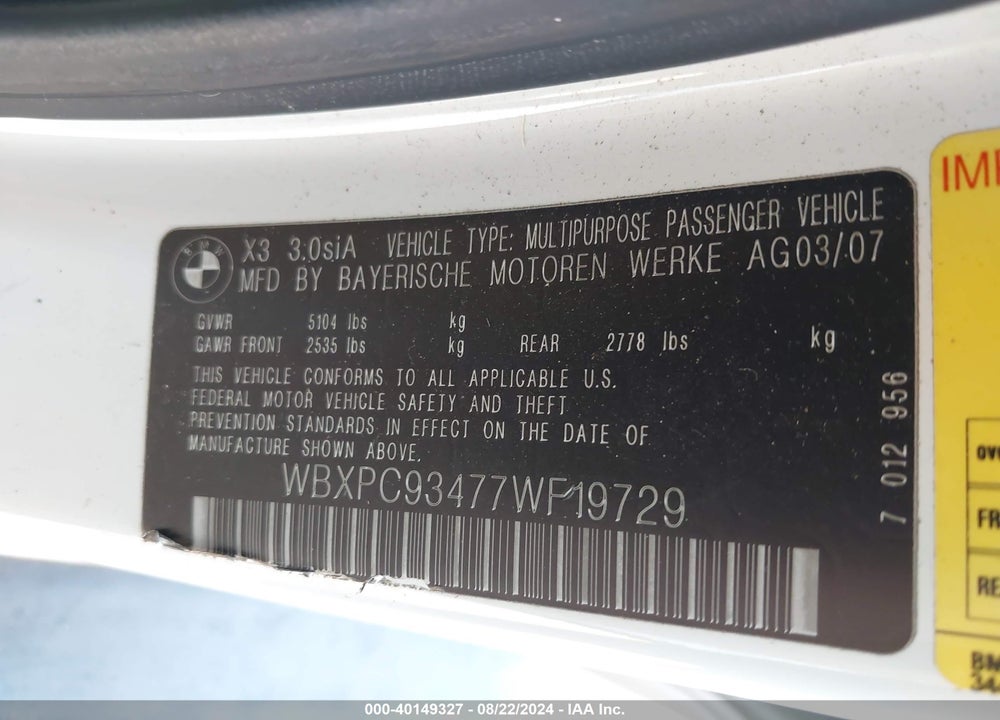 2007 BMW X3 3.0SI VIN: WBXPC93477WF19729